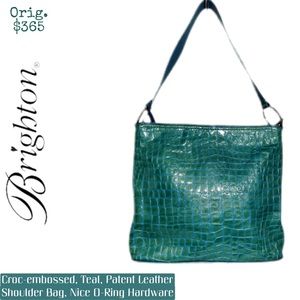 Cool, Gently Pre-Loved Brighton Croc-Embossed, Teal, Patent Leather Shldr Bag💠